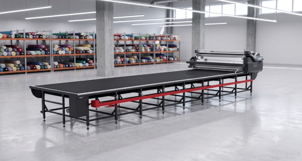 Otomatik kumaş serim makinesi ve modüler serim masası tekstil fabrikasında